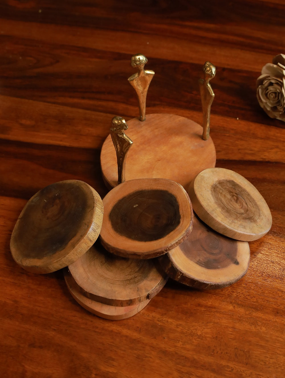 Handcrafted Wood & Dhokra Coaster Set (Set of 6)