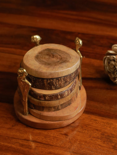 Handcrafted Wood & Dhokra Coaster Set (Set of 6)