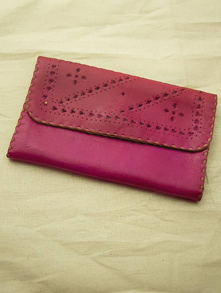 Handcrafted Leather Clutch / Fold-Out Wallet with Hand Stitch Detail - The India Craft House 