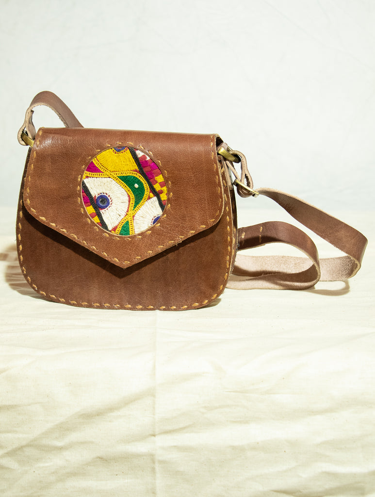 Handcrafted Leather Cross-Body Bag with Kutch Embroidered Patch & Hand Stitch Detail - The India Craft House 