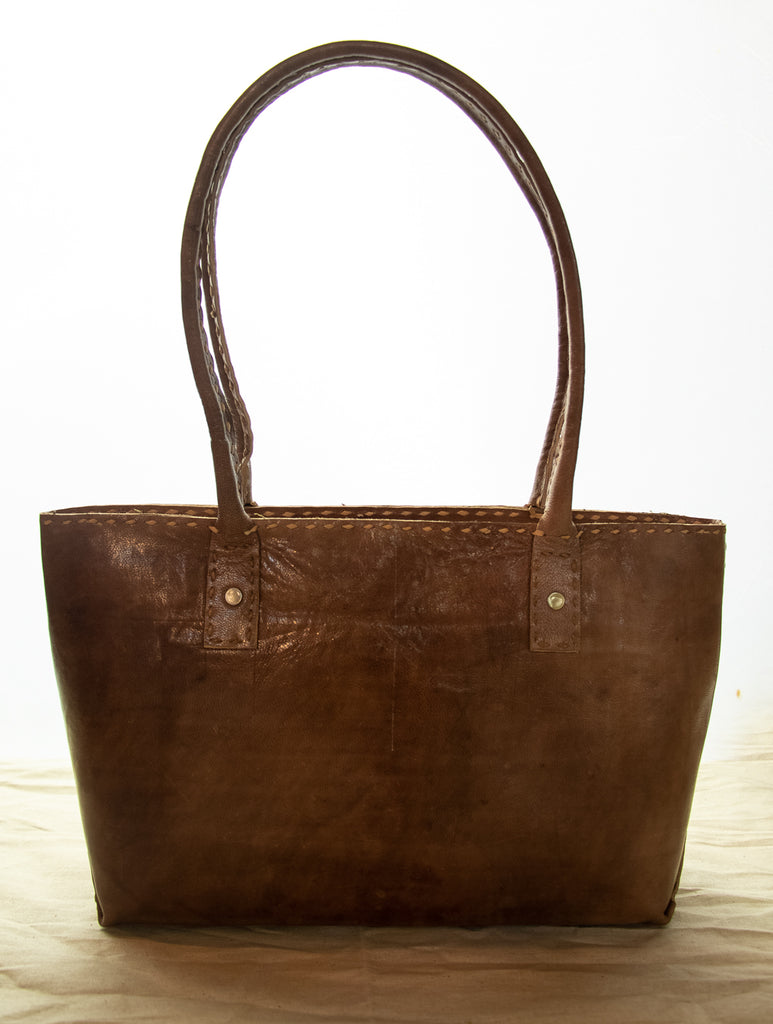 Handcrafted Leather Tote Bag with Hand Stitch Detail - The India Craft House 