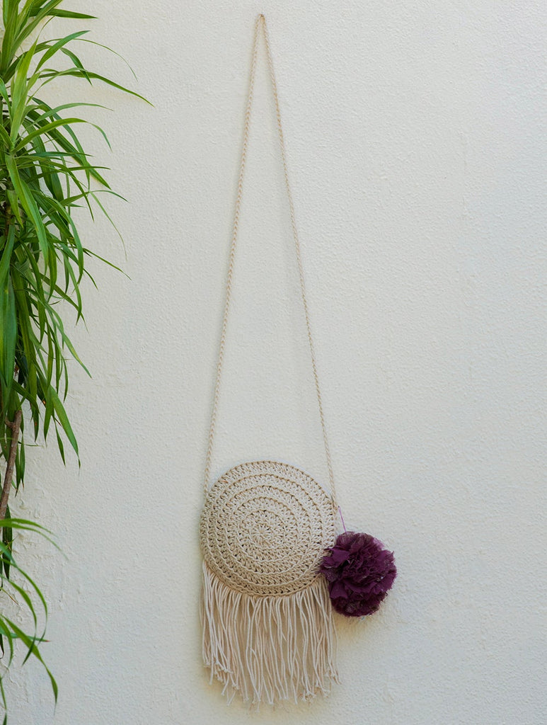 Handknotted Crochet Fringe Sling Bag - Round, Ivory