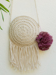 Handknotted Crochet Fringe Sling Bag - Round, Ivory