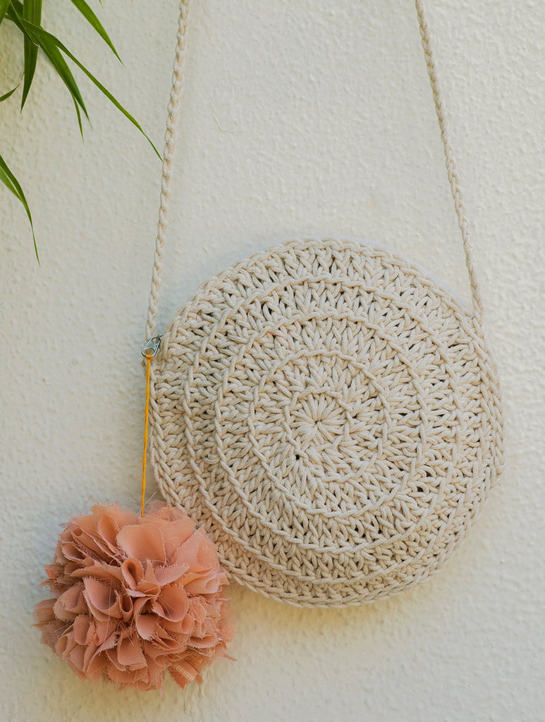 Handknotted Crochet Sling Bag - Round, Ivory