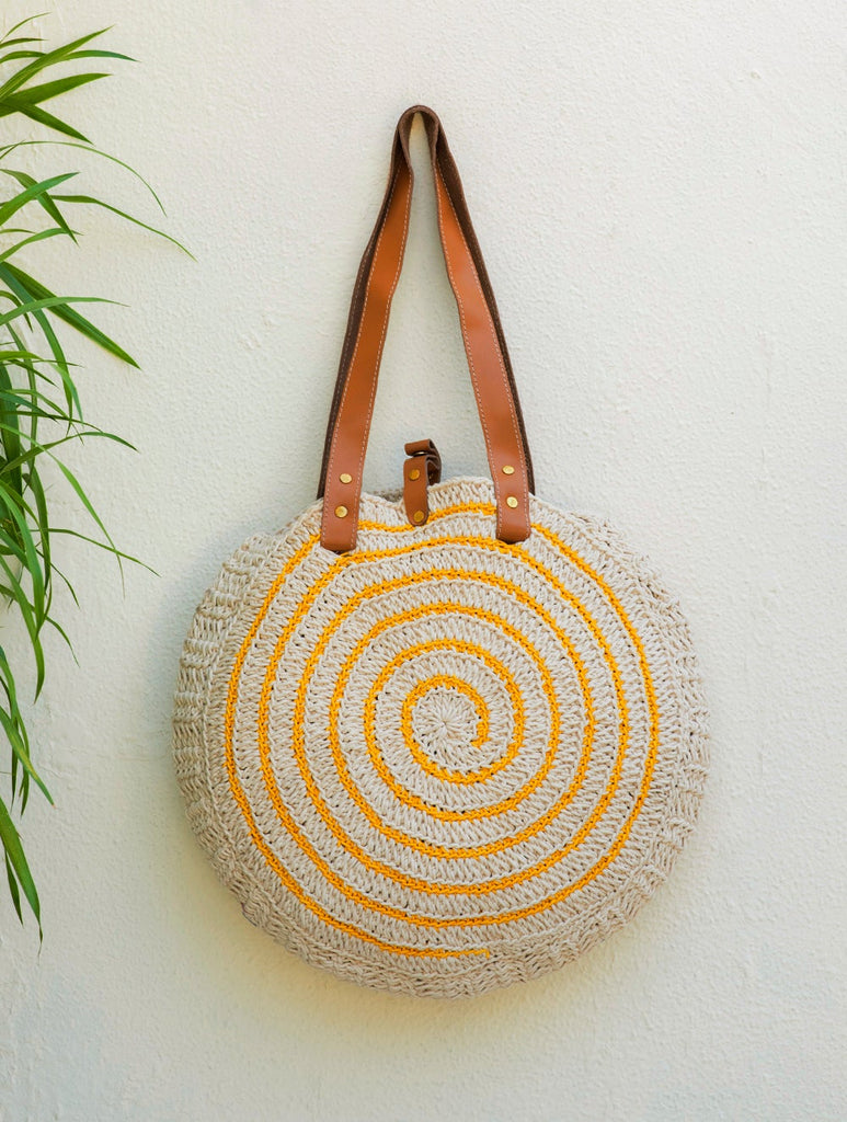 Handknotted Crochet Tote Bag - Round, White & Yellow