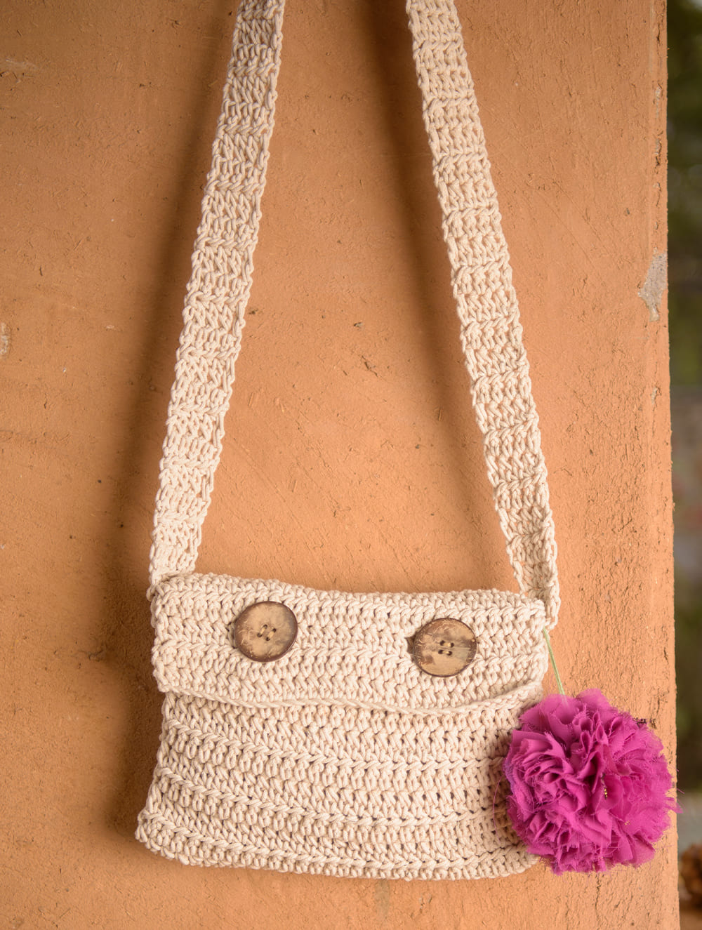 Hand knotted Macrame Broad Sling Bag - Beige