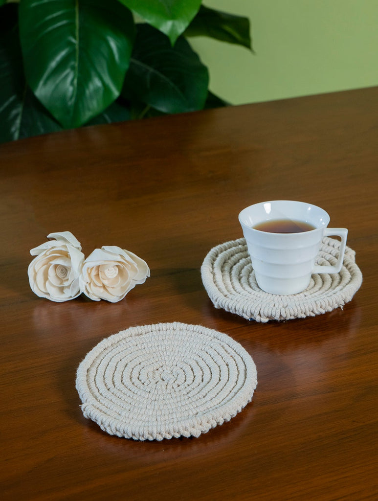 Handknotted Macramé Coaster Sets (Set of 2) - Off- White