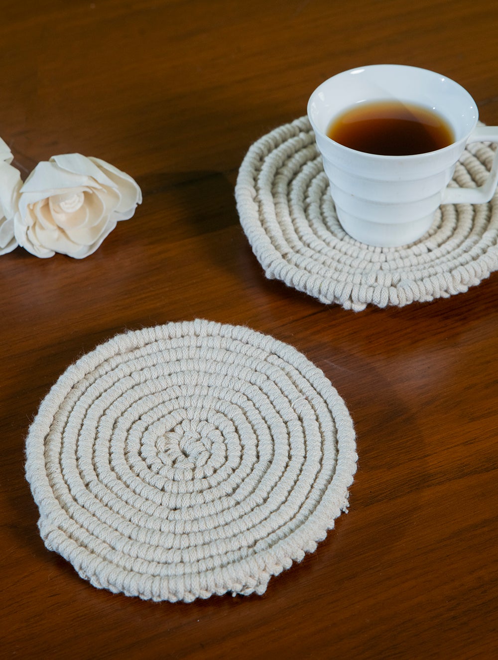 Load image into Gallery viewer, Handknotted Macramé Coaster Sets (Set of 2) - Off- White