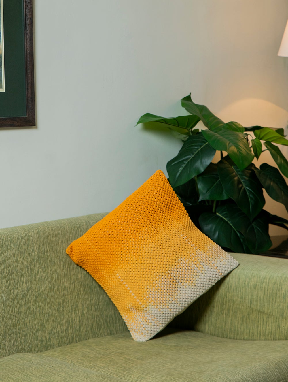 Load image into Gallery viewer, Handknotted Macramé Cushion Cover- 16 x 16, Ombre, Golden Yellow