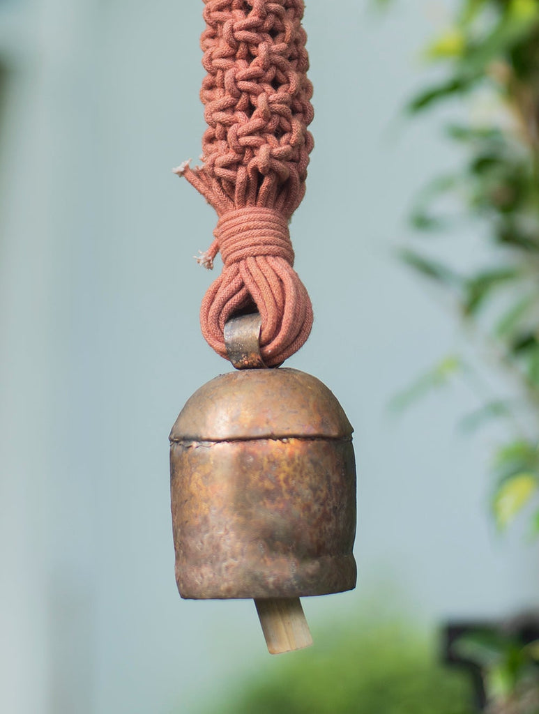 Handknotted Macramé Hanging Copper Bell 2" Dia - Dusky Pink (14")