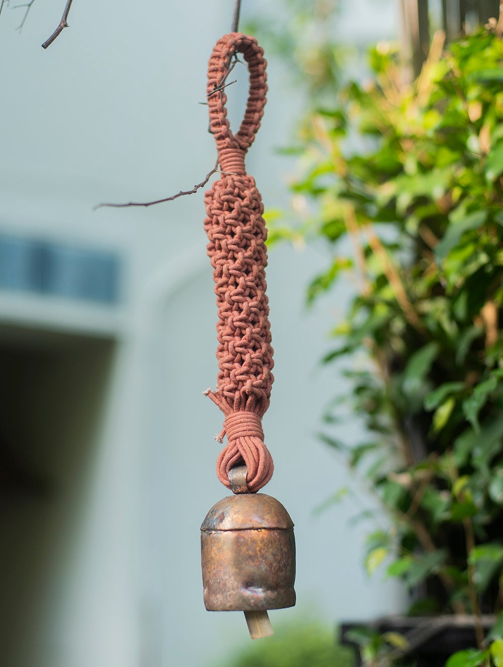 Load image into Gallery viewer, Handknotted Macramé Hanging Copper Bell 2&quot; Dia - Dusky Pink (14&quot;)