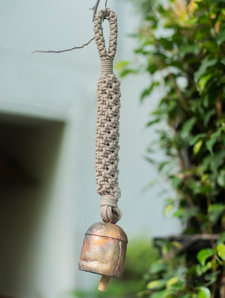 Handknotted Macramé Hanging Copper Bell 2" Dia - Ivory (14")