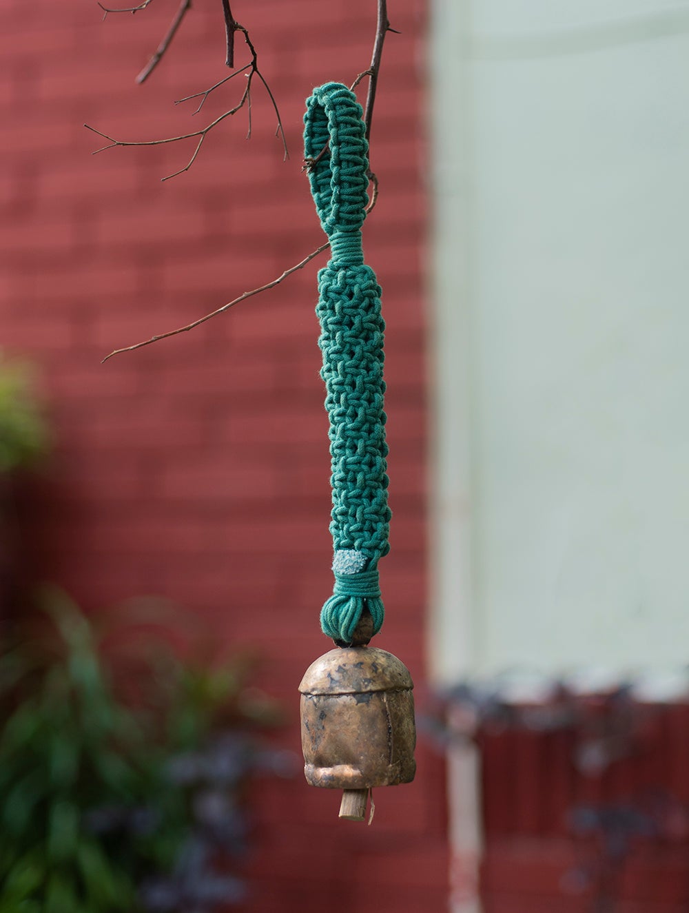 Load image into Gallery viewer, Handknotted Macramé Hanging Copper Bell 2&quot; Dia - Mint Green (14&quot;)