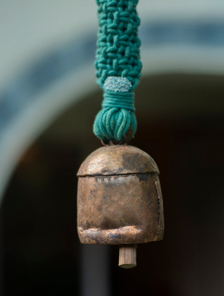 Handknotted Macramé Hanging Copper Bell 2" Dia - Mint Green (14")
