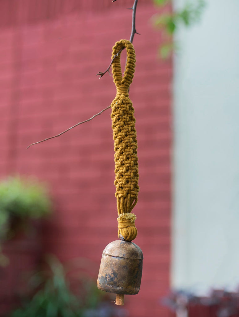 Handknotted Macramé Hanging Copper Bell 2" Dia - Mustard (14")