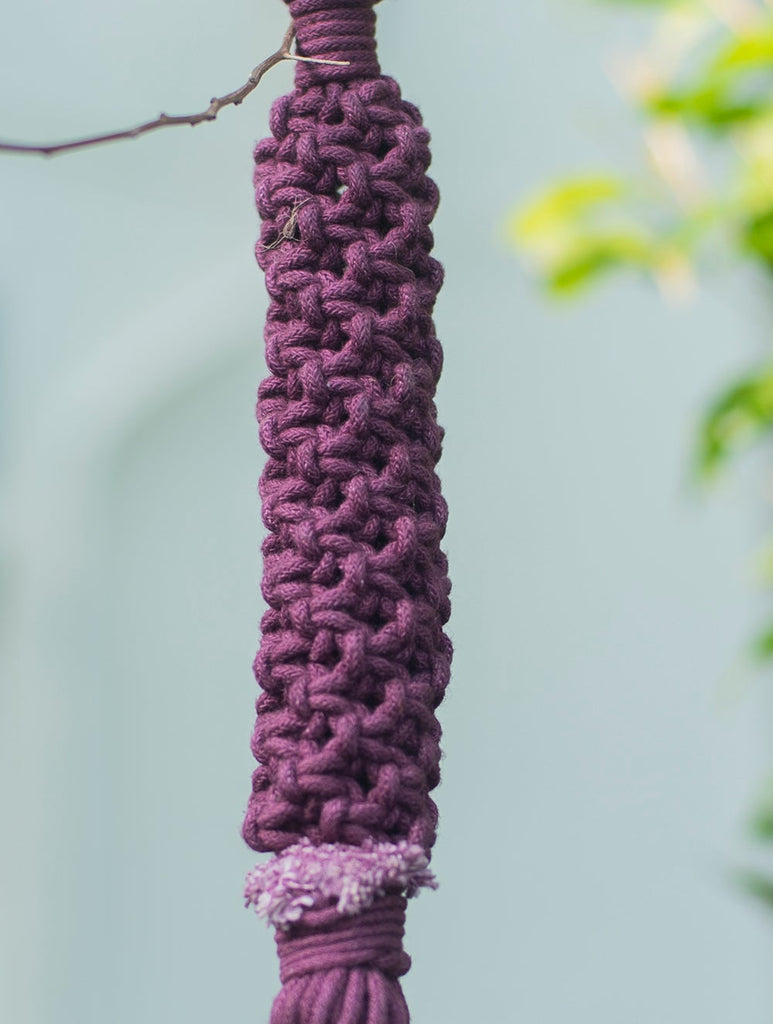 Handknotted Macramé Hanging Copper Bell 2" Dia - Purple (14")