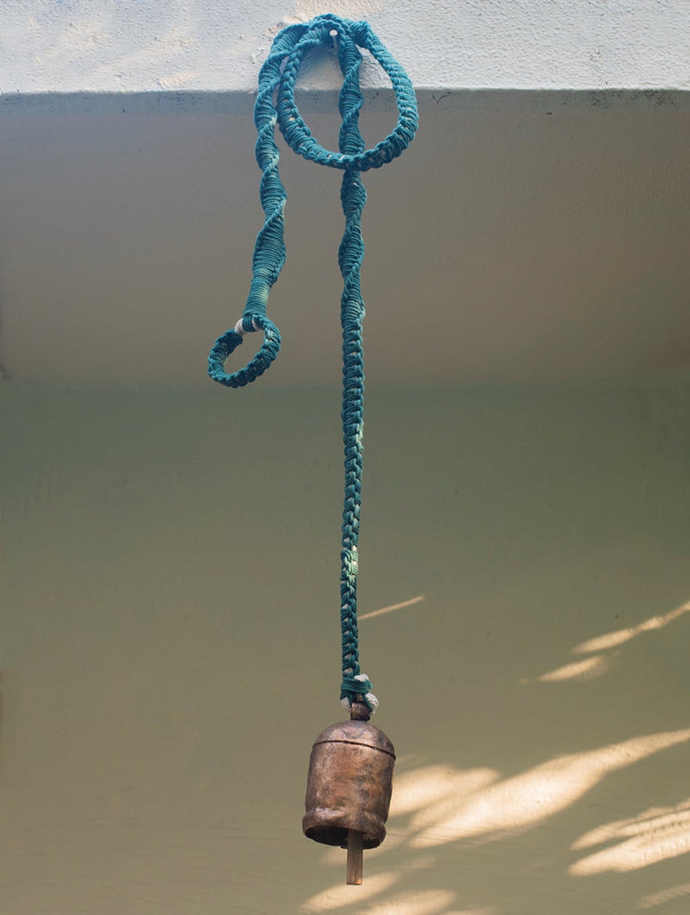 Handknotted Macramé Hanging Copper Bells 3.5" - Mint Green (80")