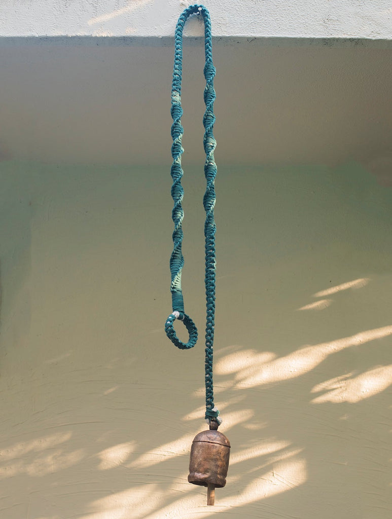 Handknotted Macramé Hanging Copper Bells 3.5" - Mint Green (80")