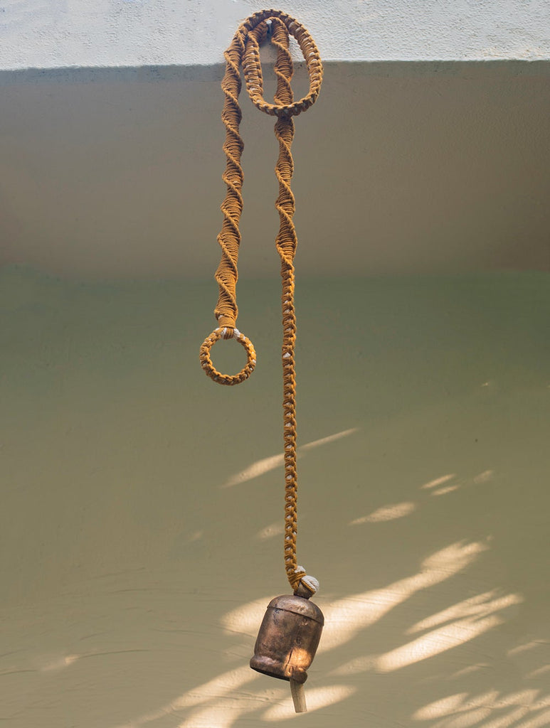 Handknotted Macramé Hanging Copper Bells 3.5" - Mustard (80")