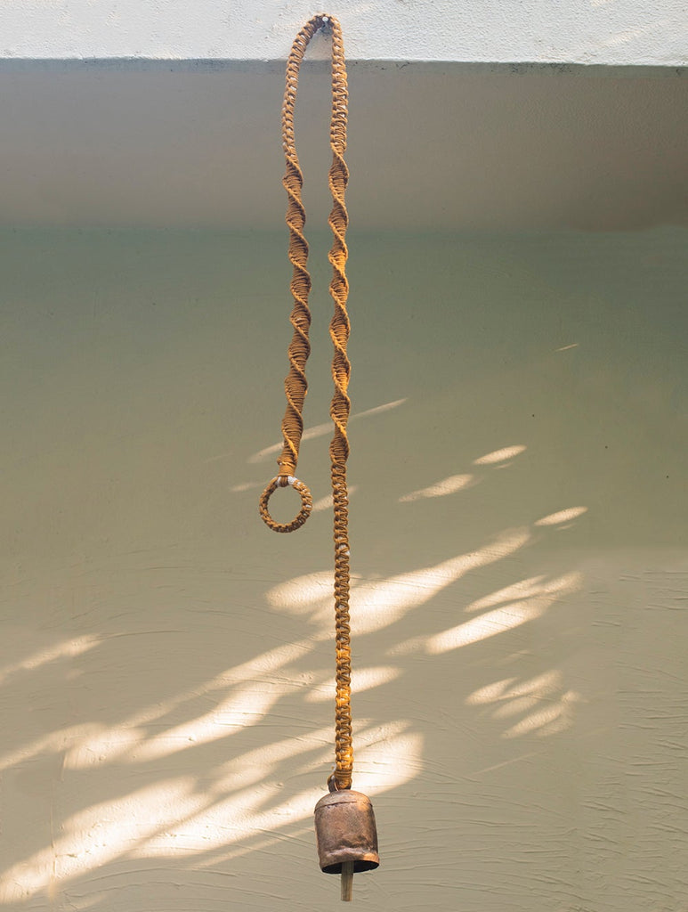 Handknotted Macramé Hanging Copper Bells 3.5" - Mustard (80")