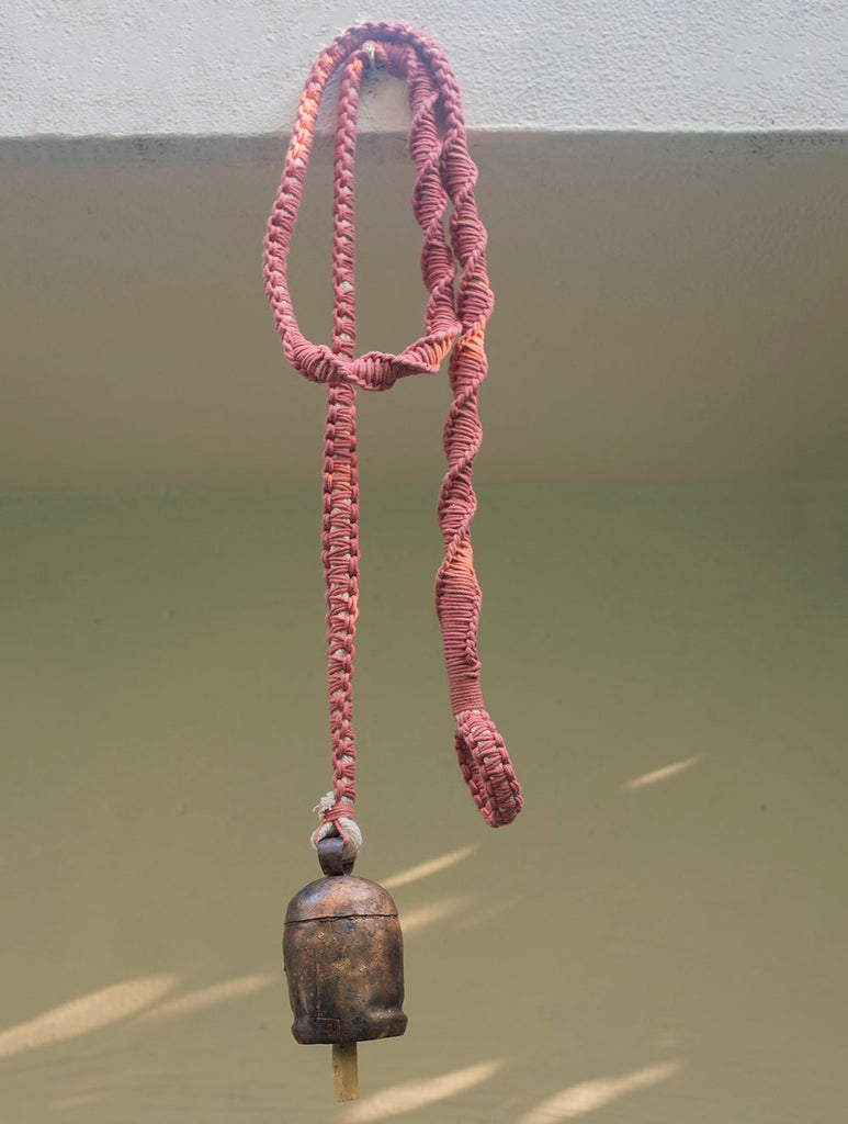 Handknotted Macramé Hanging Copper Bells 3.5" - Rose Pink (80")