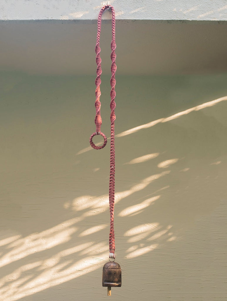 Handknotted Macramé Hanging Copper Bells 3.5" - Rose Pink (80")