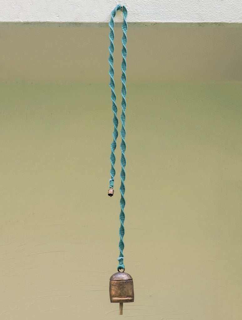 Handknotted Macramé Hanging Copper Bells Dia 3.5" - Blue (86")