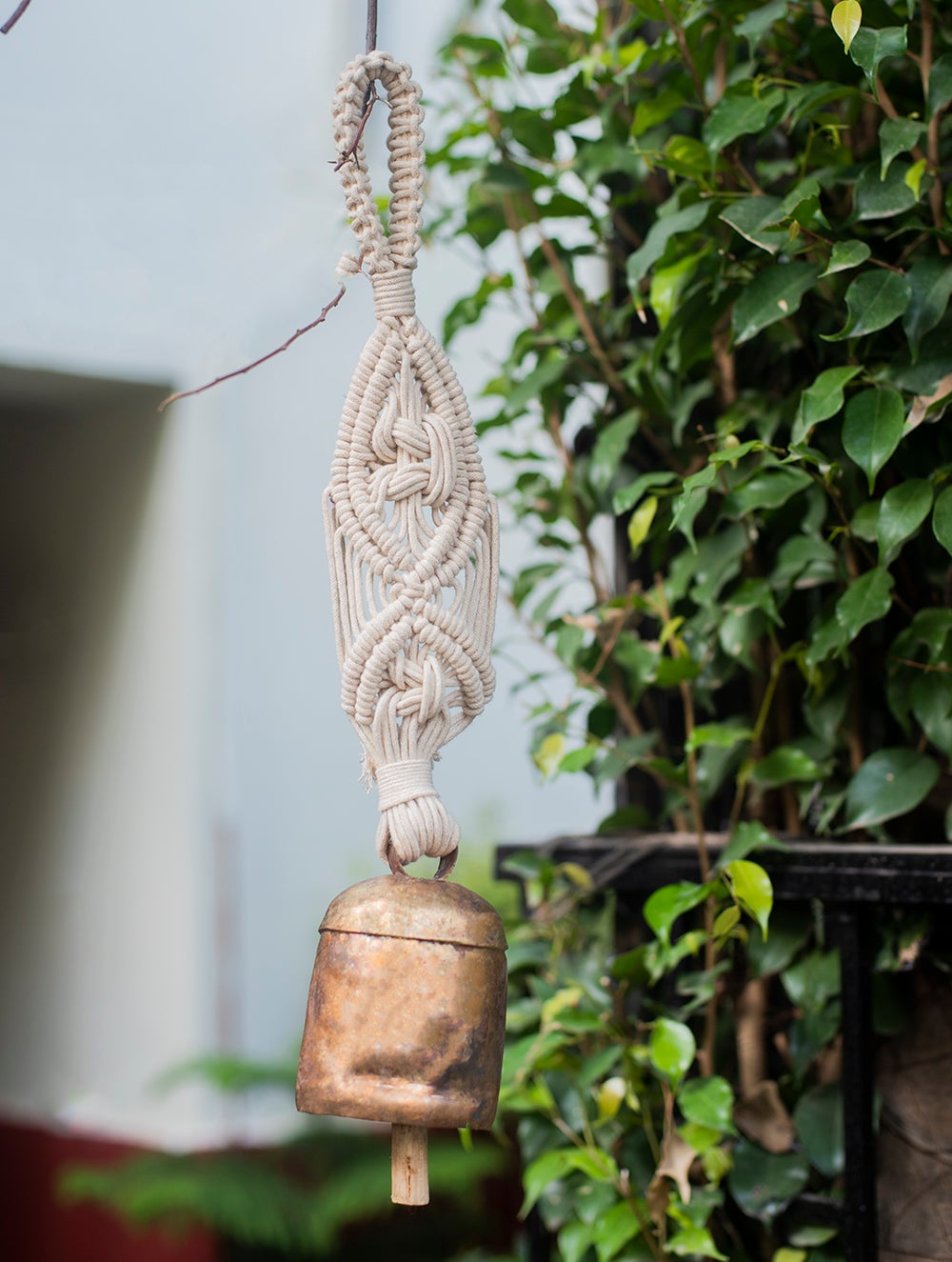 Load image into Gallery viewer, Handknotted Macramé Hanging Copper Bells Dia 3&quot; - Off - White (17&quot;)