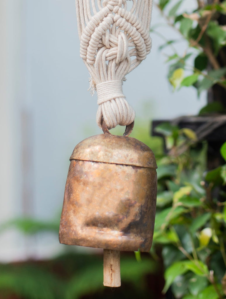 Handknotted Macramé Hanging Copper Bells Dia 3" - Off - White (17")