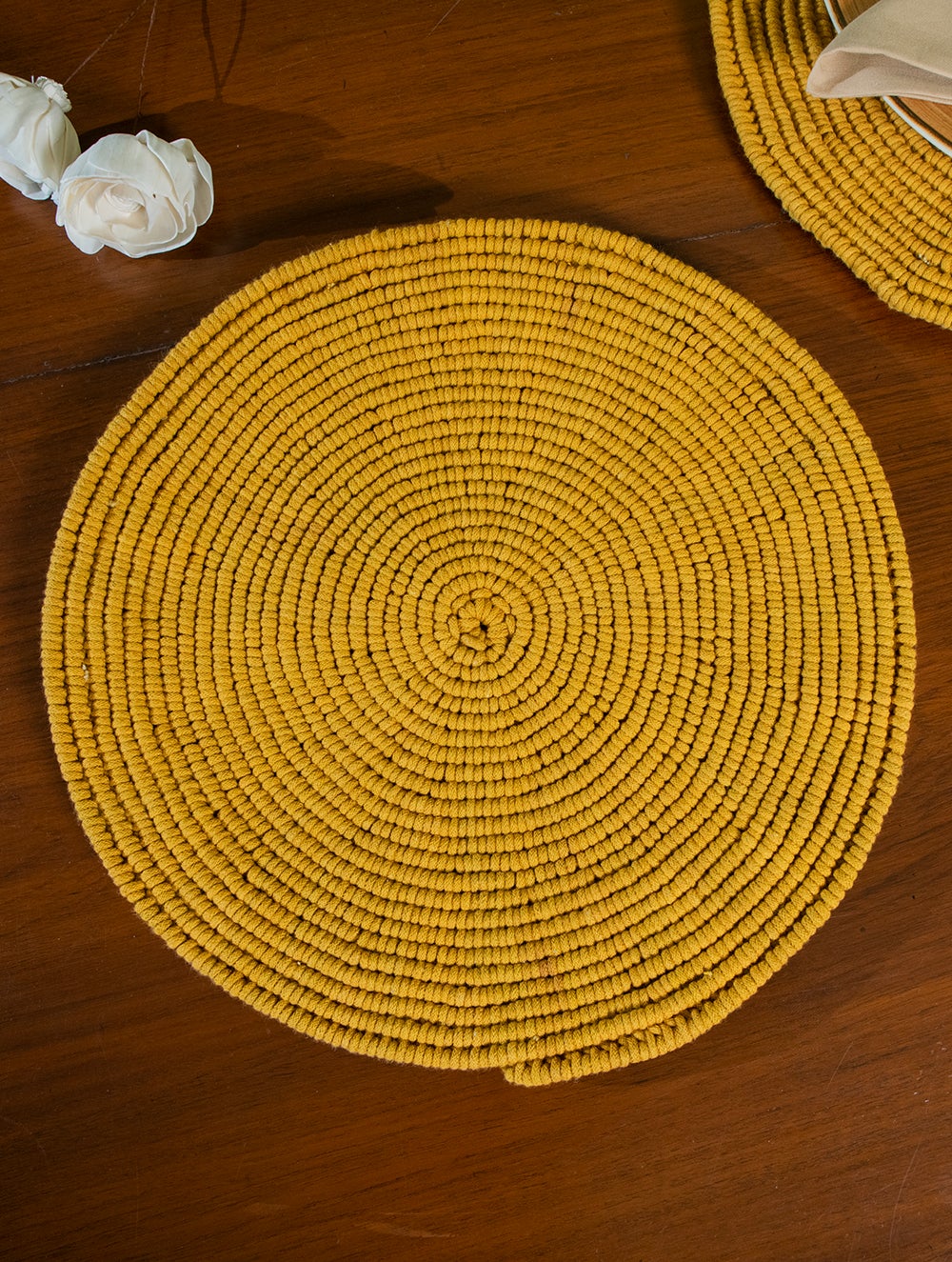 Load image into Gallery viewer, Handknotted Macramé Large Round Mats (Set of 2) - Mustard