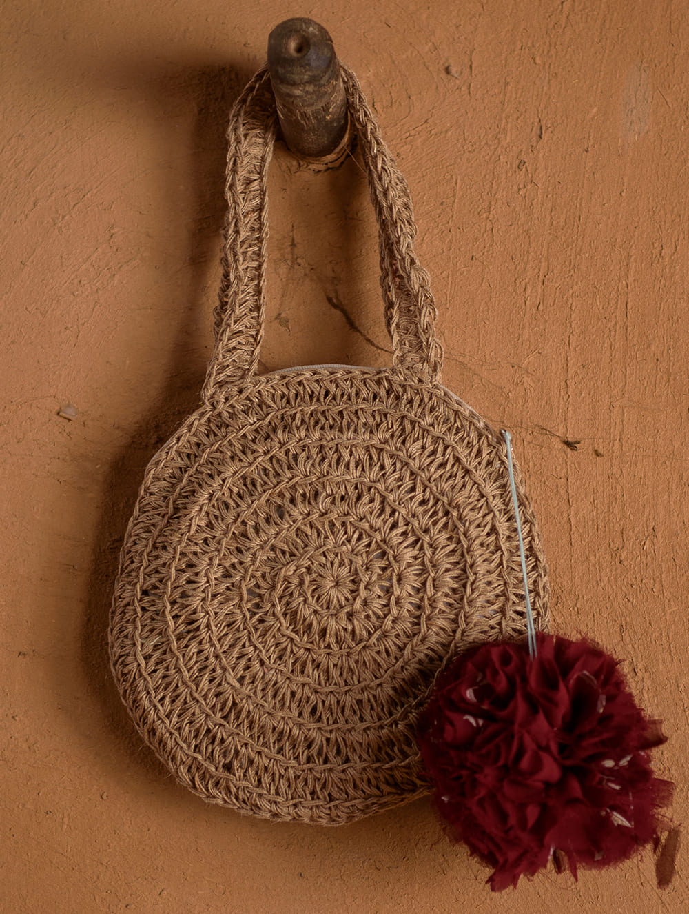 Hand knotted Macrame Round Hand Bag - Beige