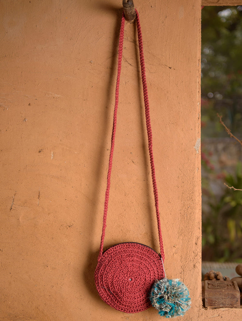 Hand knotted Macrame Round Sling Bag - Crimson
