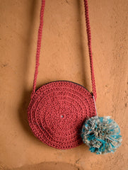 Hand knotted Macrame Round Sling Bag - Crimson