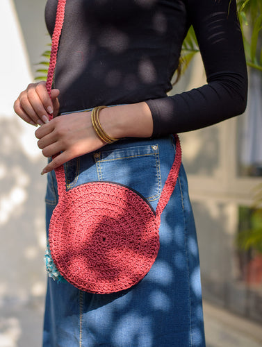 Hand knotted Macrame Round Sling Bag - Crimson