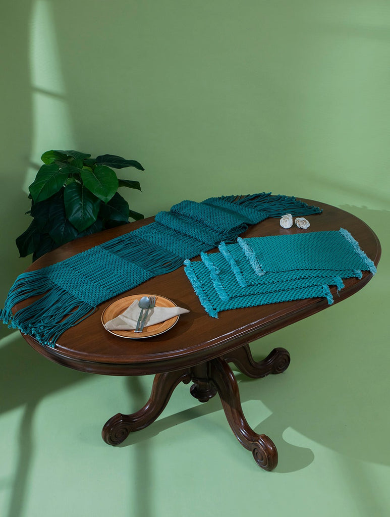 Handknotted Macramé Runner & Mats (Set of 5) - Floating Dashes, Teal Blue