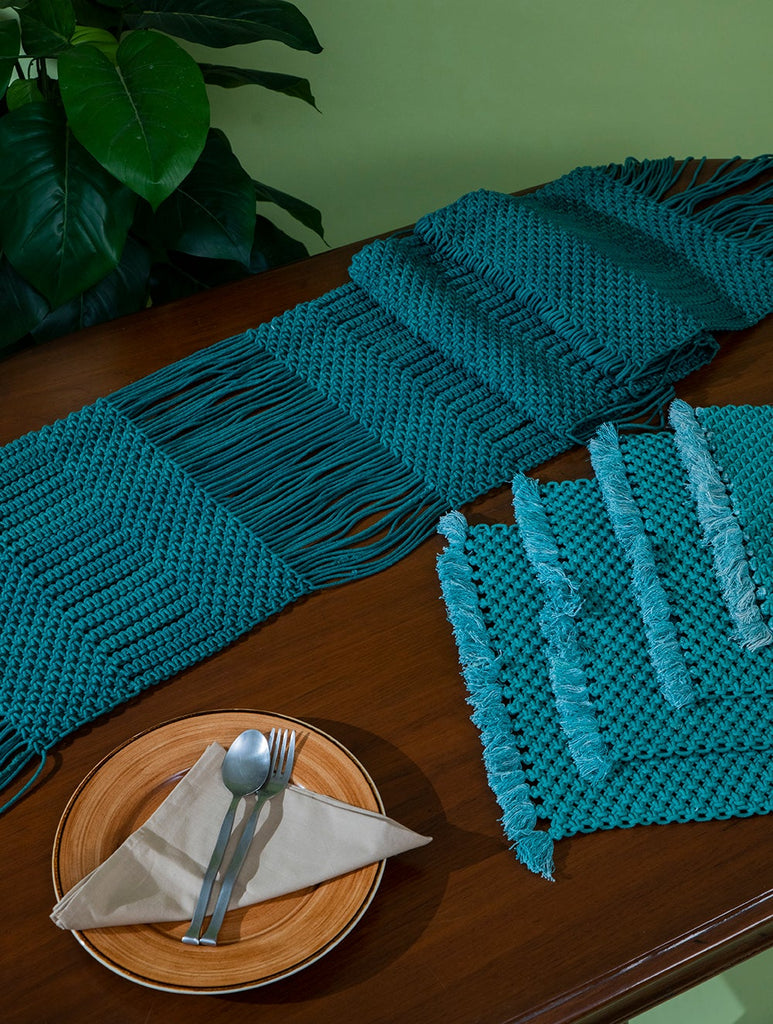 Handknotted Macramé Runner & Mats (Set of 5) - Floating Dashes, Teal Blue