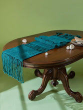 Load image into Gallery viewer, Handknotted Macramé Table Runner - Floating Dashes, Blue