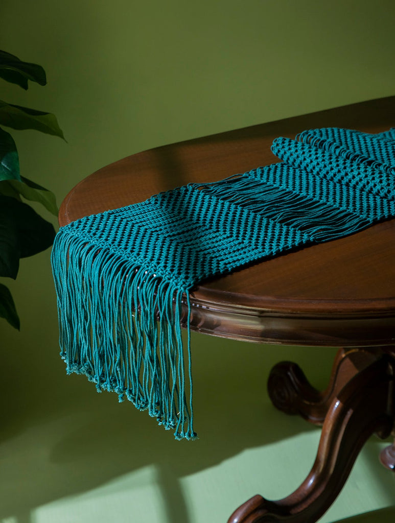 Handknotted Macramé Table Runner - Floating Dashes, Blue