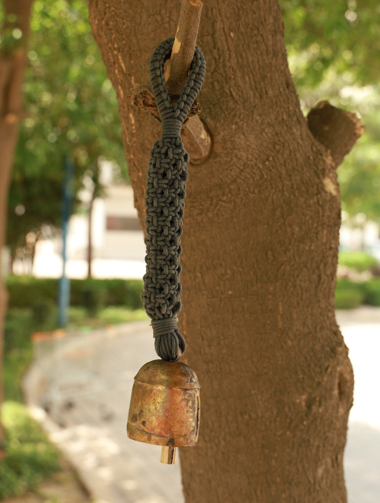 Handknotted Macramé Hanging Copper Bell 2" Dia - Blue (14")