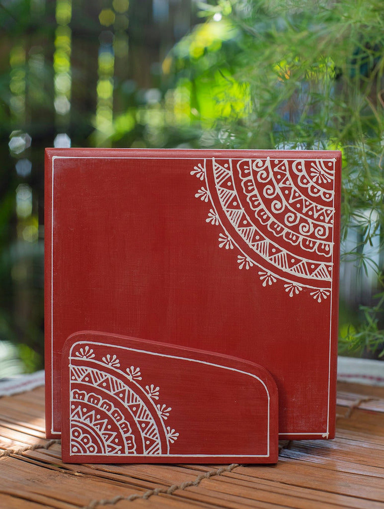 Handpainted Wooden Table Pot Holder Set - Deep Red & White (Large)