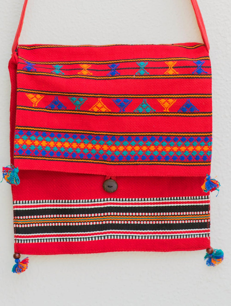 Handwoven Kashida Pattu Jhola Bag with Tassles - Red