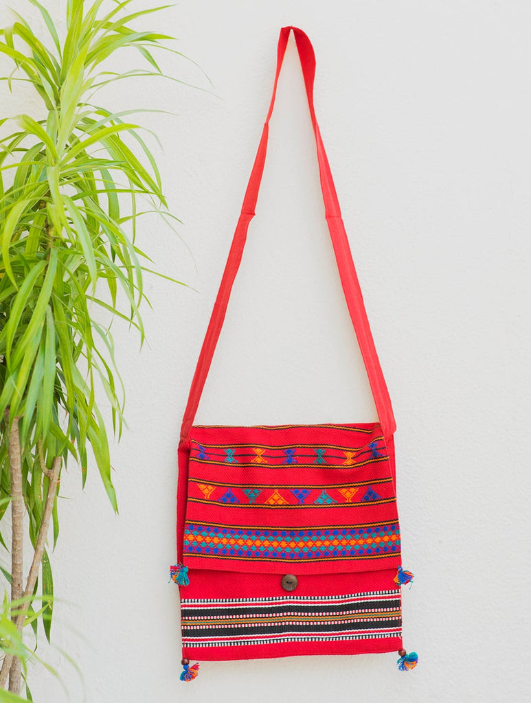 Handwoven Kashida Pattu Jhola Bag with Tassles - Red