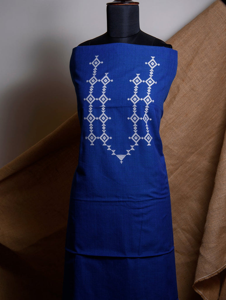 Handwoven Kashida Pattu Kurta Fabric - Royal Blue & White