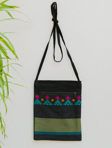 Handwoven Kashida Pattu Small Cross Body Sling Bag - Black & Blue