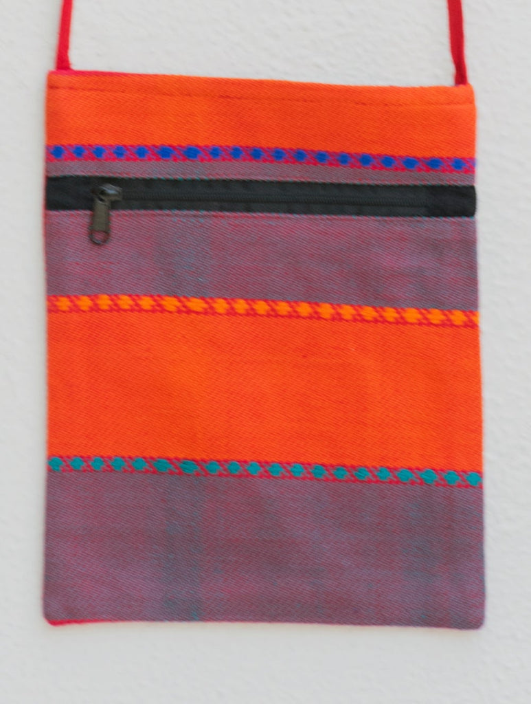 Handwoven Kashida Pattu Small Cross Body Sling Bag - Orange & Light Blue