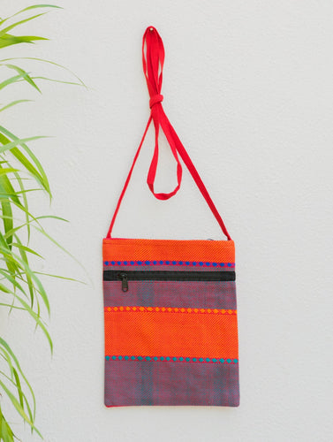 Handwoven Kashida Pattu Small Cross Body Sling Bag - Orange & Light Blue