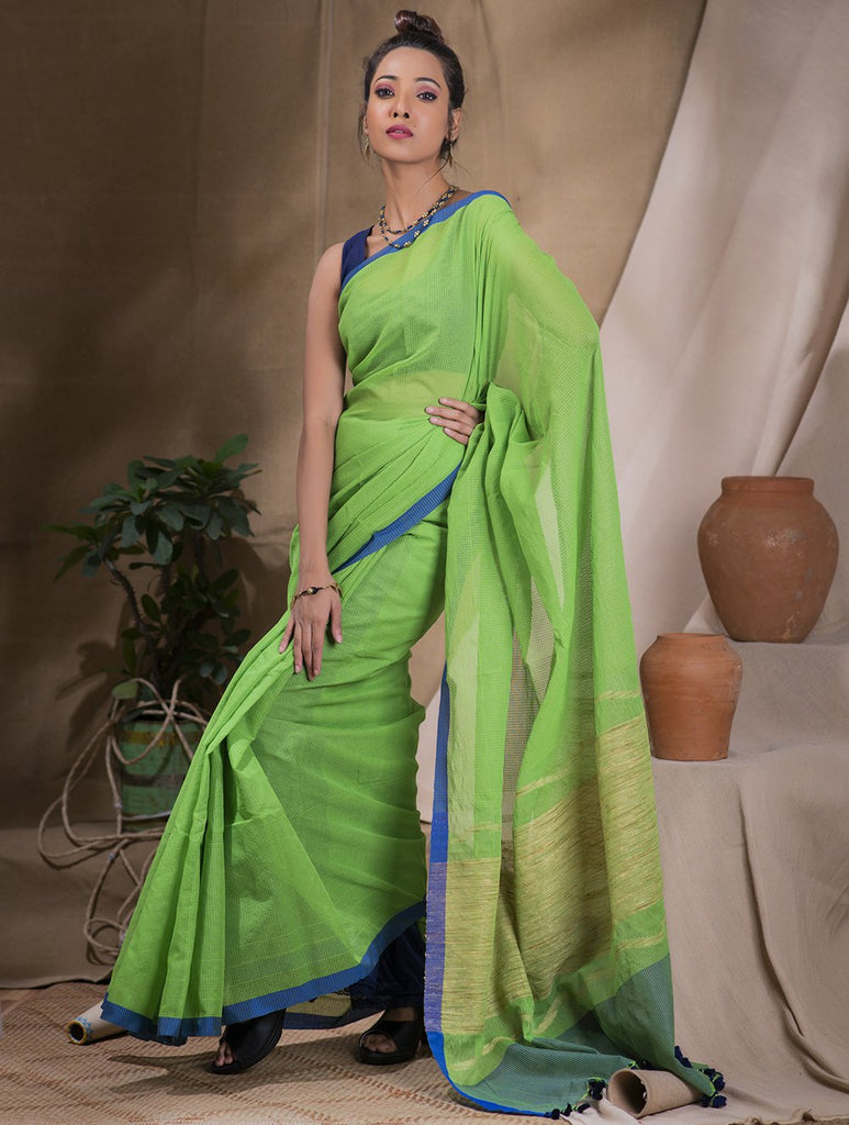 Handwoven Soft Bengal Cotton Saree - Vivid Green & Blue