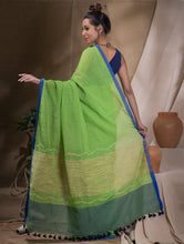 Load image into Gallery viewer, Handwoven Soft Bengal Cotton Saree - Vivid Green &amp; Blue