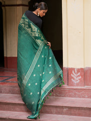 Handwoven Elegance. Exclusive Linen Jamdani Saree - Emerald Beauty