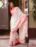Handwoven Elegance. Exclusive Linen Jamdani Saree - Red & Cream